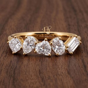 Multi Cut Cluster Diamond Band, Half Eternity Band In 14K Yellow Gold, Multi Shape Lab Grown Diamond Wedding Band, Stackable Matching Band