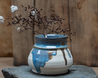 Handmade Ceramic Bud Vase, Blue Drip Glaze Flower Vase, Small Stoneware Pottery