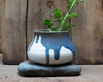 Handmade Ceramic Ikebana Vase, Blue Drip Glaze Flower Vase, Small Stoneware Pottery