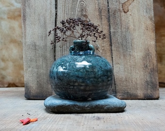 Handmade Ceramic Amphora Vase, Miniature Blue Stoneware Bud Vase, One of a Kind Pottery