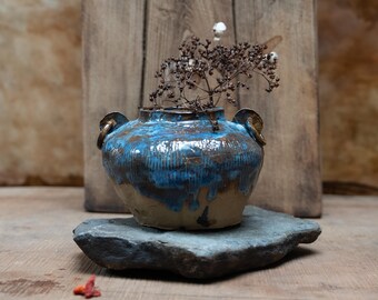 Handmade Cobalt Blue Ceramic Vase, Drip Glaze Stoneware Vessel, One of a Kind Studio Pottery