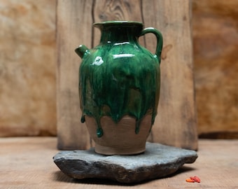 Handmade Ceramic Ewer Vase, Sculptural Stoneware Vase, Emerald Green Pottery, Studio Pottery Decor