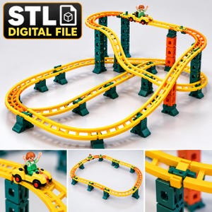 May include: A toy roller coaster set with yellow tracks supported by dark green and orange pillars. A small figure sits in a yellow car on the track. The image includes a black box with the white text STL DIGITAL FILE.