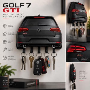 May include: A black wall-mounted key organizer shaped like the rear of a Volkswagen Golf 7 GTI. The unit features red taillights, a central VW logo, dual exhaust pipes, and five black hooks for hanging keys, with the text GOLF 7 GTI displayed.