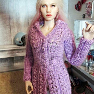 Hand-knitted jacket with a hat for 1:6 doll Barbie, FR, and Action dolls (Violet color)
