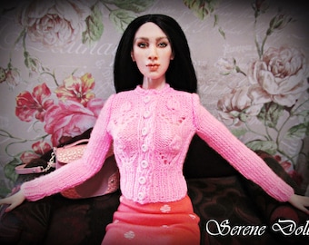 Hand-knitted cardigan for 1:6 doll Barbie, FR, and Action dolls (light pink)