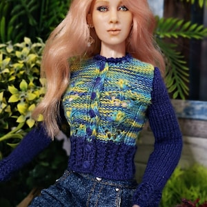 Hand-knitted cardigan for 1:6 doll Barbie, FR, and Action dolls (colorful)