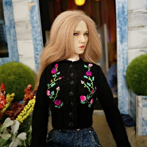 Hand-knitted and embroidered cardigan for 1:6 doll Barbie, FR, and Action dolls (black)