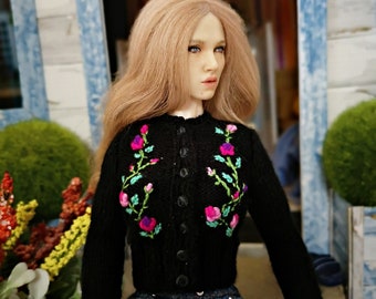 Hand-knitted and embroidered cardigan for 1:6 doll Barbie, FR, and Action dolls (black)