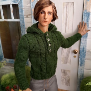 Hand-knitted hooded sweater for 1:6 male doll (Ken, male action doll) khaki green