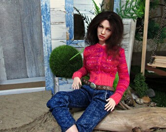 Hand-knitted cardigan for 1:6 doll Barbie, FR, and Action dolls (pink colorful)