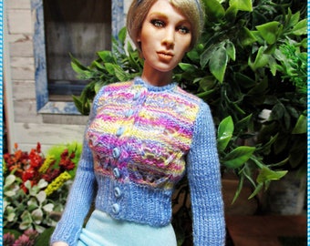 Hand-knitted cardigan for 1:6 doll Barbie, FR, and Action dolls (colorful)