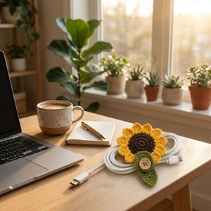 May include: A crochet sunflower cable organizer featuring a dark brown center, bright yellow petals, and a green tab secured with a small wooden button. The sunflower is attached to a coiled white charging cable with USB-C connectors on both ends.