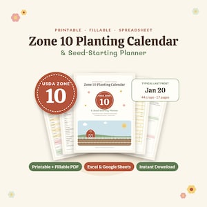 Seed Starting Planner & Zone 10 Planting Calendar, Excel Garden Spreadsheet and Printable PDF Vegetable Planting Guide