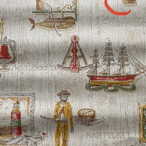 May include: Vintage wallpaper with a nautical theme. The wallpaper features a variety of nautical imagery, including ships, lighthouses, anchors, and seagulls. The wallpaper is printed on a beige background with a woodgrain texture. The text "Salem", "New Bedford", "Gloucester", "Flying Cloud", and "Nantucket" is printed on the wallpaper.