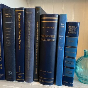 May include: A bookshelf with a collection of blue hardcover books, including "The New Thesaurus", "Boyce Diprima", "Freshwater Fishing Secrets", "Philosophie Zoologique", "Trust Me", and "Reader's Digest Select Editions". A teal glass bottle sits on the shelf in front of the books.