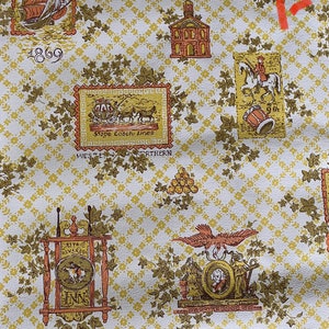 May include: Vintage wallpaper with a white background and a repeating pattern of green ivy leaves and various illustrations. The illustrations include a stagecoach, a bell, a church, a ship, a drum, a horse and rider, and a sign that says "1776 Revere's Inn".