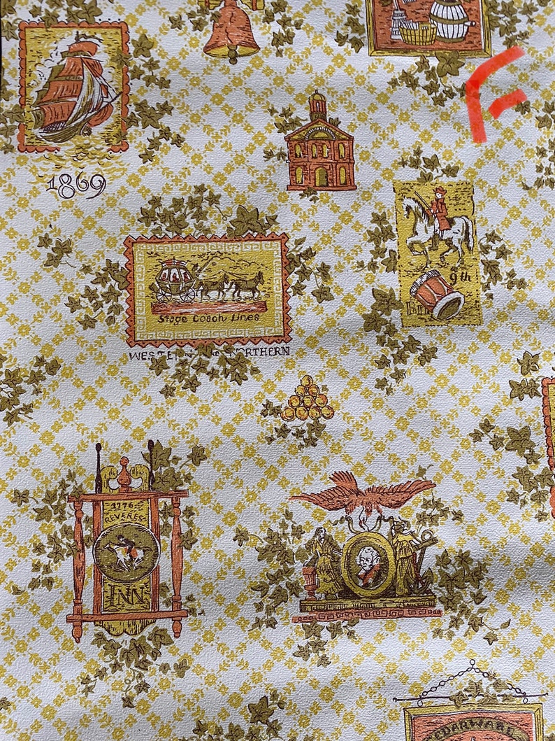 May include: Vintage wallpaper with a white background and a repeating pattern of green ivy leaves and various illustrations. The illustrations include a stagecoach, a bell, a church, a ship, a drum, a horse and rider, and a sign that says "1776 Revere's Inn".
