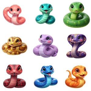 May include: A collection of nine cartoon snake figurines in various colours including pink, teal, green, yellow, purple, red, blue, and orange. Each snake features large expressive eyes, a small forked tongue, and a coiled or upright body posture.