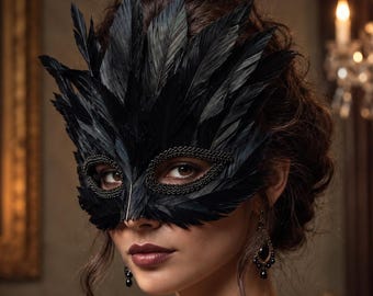 Black Feather Masquerade Mask, Gothic Raven Eye Mask, Dark Fantasy Cosplay Accessory
