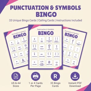Peut inclure: Un jeu de bingo sur la ponctuation et les symboles comprenant 33 cartes uniques, des cartes à tirer et des instructions. Les cartes présentent divers symboles comme des virgules, des points d'exclamation et des crochets en violet sur fond crème.