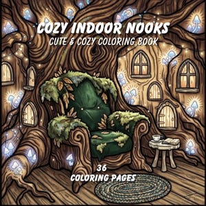 May include: A coloring book titled COZY INDOOR NOOKS CUTE & COZY COLORING BOOK with 36 COLORING PAGES. The cover features a green armchair nestled inside a large tree trunk with glowing blue mushrooms, small wooden doors, windows, and a side table.