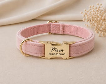CHERRY MOON | Collare per gatti in velluto personalizzato | Inciso con nome e numero di telefono | Campanoncino dorato