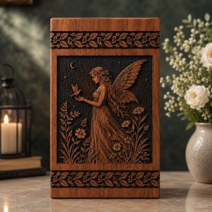 Könnte beinhalten: Eine rechteckige Urne aus Holz mit einem geschnitzten Relief einer geflügelten Figur, die zwischen Blumen steht und einen kleinen Vogel hält. Das Design zeigt einen Halbmond und Sterne im Hintergrund, eingerahmt von dekorativen Blatträndern.
