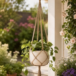 Porta piante in macramè, supporto per piante sospeso con gancio, realizzato a mano in corda di canapa, cestino sospeso per interni ed esterni, porta vasi per fiori, decorazione boho.
