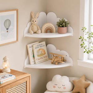 Wolkenhoek wandplank wit zwevend kinderkamerrek opbergrek houten hoekrek slaapkamer wanddecoratie