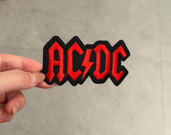 AC/DC Red Gold Tone Embroidered Patch, Iron-on Applique, Vintage Rock Badge