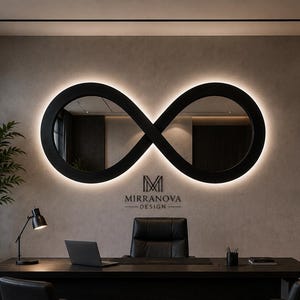 Op de afbeelding: Een grote zwarte spiegel in de vorm van een oneindigheidsteken met geïntegreerde achtergrondverlichting, gemonteerd aan een muur boven een bureau. Op de muur staat de tekst MIRRANOVA DESIGN. Het kantoor bevat een zwart bureau, lederen stoelen, een laptop en een bureaulamp.