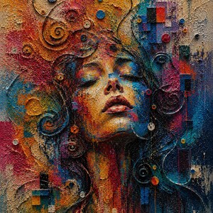 May include: A textured oil painting featuring a portrait of a person with closed eyes, surrounded by swirling lines and geometric shapes. The artwork uses a vibrant palette of blue, orange, red, and yellow, with thick impasto brushstrokes throughout.