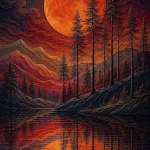May include: A textured digital painting of a large, glowing orange moon hanging over a dark mountain landscape. Tall pine trees stand along the rocky shoreline, casting reflections onto the calm, rippling water below in shades of deep red and black.