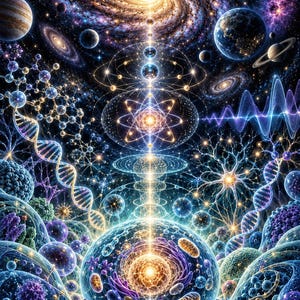 May include: A vibrant digital illustration depicting a cosmic connection between macro and micro scales. It features a glowing central axis linking a swirling galaxy, atomic structures, DNA double helices, neural networks, and cellular biology.