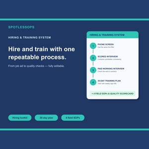 May include: A dark blue graphic featuring the text SPOTLESSOPS HIRING & TRAINING SYSTEM. It outlines a four-step process: Phone Screen, Scored Interview, Paid Working Interview, and 30-Day Training Plan, plus 4 field SOPs & quality scorecard.