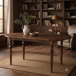 May include: An oval wooden dining table with four turned legs featuring a dark brown finish. The table surface is smooth and polished, showcasing a natural wood grain pattern. It stands on a rectangular woven rug with a textured surface.