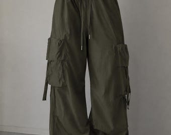 Women's Oversized Army Green Baggy Cargo Pants, High Waist Loose Trousers, Casual Streetwear Joggers