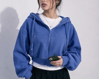 Fleece Lined Cropped Zip Up Hoodie, Navy Blue Streetwear Cozy Top Autumn/Winter POLYESTER
