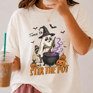 Time to Stir the Pot Raccoon Ghost Halloween T-Shirt | Spooky Witchy Animal Tee | Funny Autumn Gift
