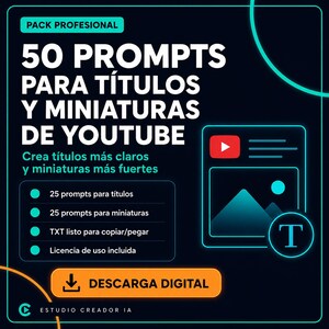 50 spunti per titoli e miniature di YouTube | Pacchetto SEO, CTR e IA in spagnolo