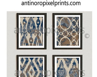 Watercolor Ikat Navy Slate Blue Taupe Creme Pictures Wall Art - Set of (4) Prints - Custom Colors Available (UNFRAMED) Click "Select a Size"