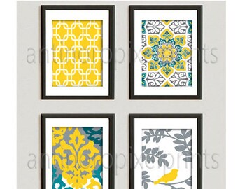Yellow Mustard Teal Turquoise Blue Grey Modern inspired Art Prints Collection  -Set of 4 - 8x10 Prints (UNFRAMED)