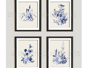Watercolor Navy Flower Garden Botanical Print Gallery Set of (4) 8x10- Art Prints (Featured in Creme Background and Navy) Unframed