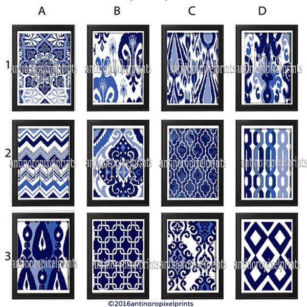 Ikat and Geometric Pattern Set of 6 - Art Prints (Featured in Shades of Navy Blue ) Choose Any (6) Wall Art Print  (UNFRAMED) #198972323