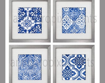 Art Damask Watercolor Blue White Prints, Custom Wall Art, Graphic Art Prints, Set of 4 Prints, Size 10x10 Prints (UNFRAMED) #628905026