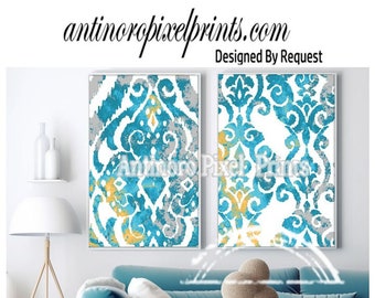 Watercolor Ikat Teal Yellow Gray Wall Art Set Includes (2) 16x20 Wall Art Prints (UNFRAMED) #1565651234