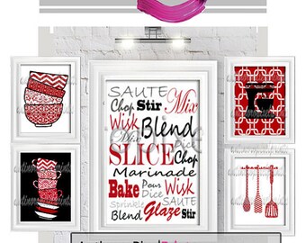 4 1 240495487 8x10 prints Red Black Grey Kitchen Utensils Tools Mixer Toaster Spoons Plate Setting Art Pictures Set of - 5x7, Unframed