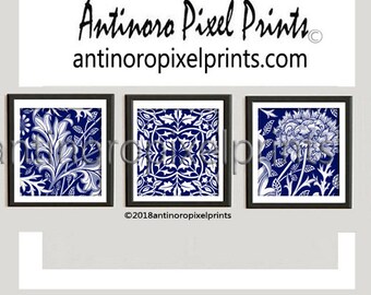 Navy White Vine Floral Prints, Set of (3) 10x10 Wall Arts, Custom Colors Sizes Available, Click Size #609992299