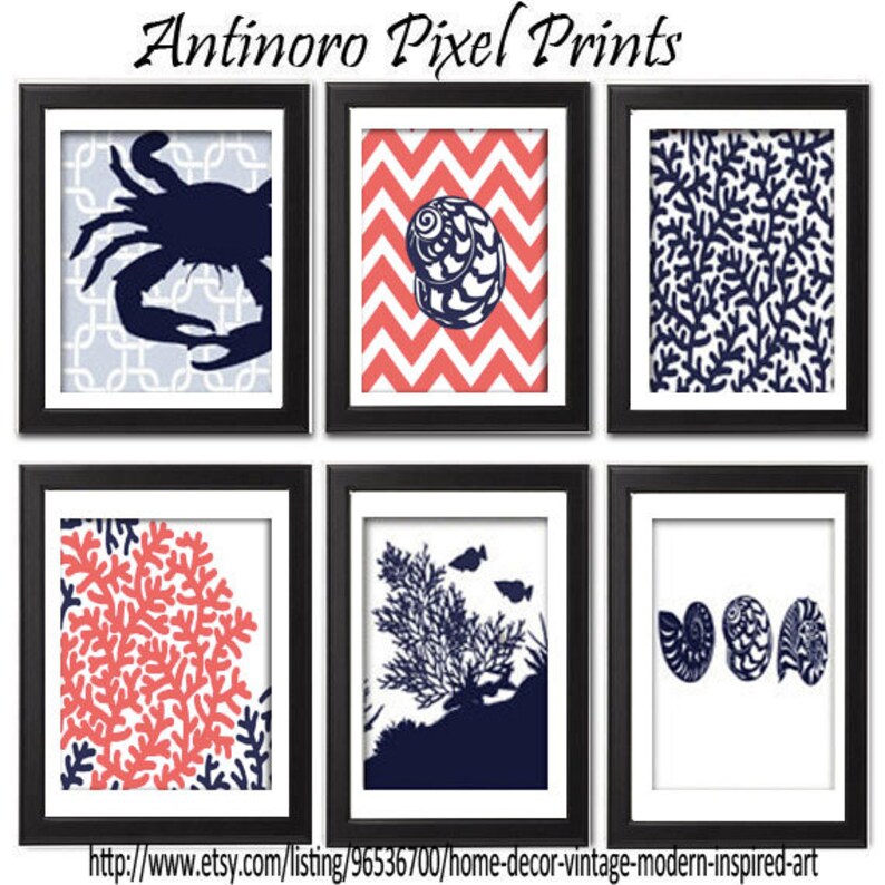 Digital Print Beach House Prints Navy Blue Coral White Wall Etsy